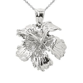 Precious Sterling Silver Caribbean Hibiscus (Malvaceae) Flower Charm Pendant Necklace, 22"