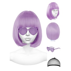 NSODREEM Featured Wigs and Party Sunglasses, Cosplay Color Bob Wig and Party Rainbow Wig with Neon Glasses for Women - Bachelorette Party Wigs Decorations Favors (Taro Purple)