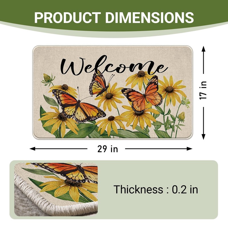 Livcoz Spring Summer Butterfly Floral Welcome Front Door Mat, Yellow