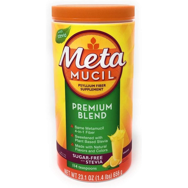 Metamucil Premium Blend Sugar Free Fiber, 114 Servings, Psyllium Husk Fiber Powder Supplement, with Stevia, Natural Orange Flavor 23.1 oz