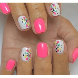 Curvlife Press on Nails Acrylic Fake Nails with Design Full Cover False Nails Reusable Nail Kit with Nail Glue Adhesive Tabs Nail File Artificial Glue on Nails (pink spot, 30pcs)