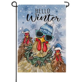 Artofy Hello Winter Rooster Small Decorative Garden Flag, Christmas Farm Animal Snowflake Yard Lawn Outside Decor, Farmhouse Seasonal Burlap Outdoor Home Decoration Double Sided 12 x 18
