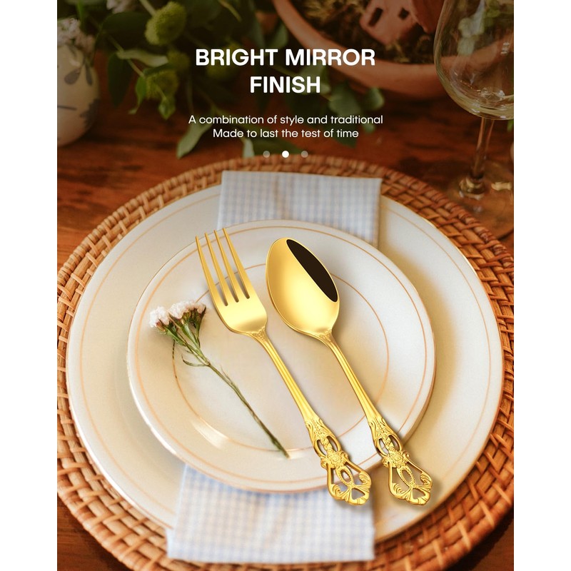 Stapava 60 Pcs Retro Royal Gold Silverware Set, Stainless Steel