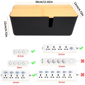 JJQHYC Cable Box Black Cable Box with Bamboo Lid Large Cable Management Box Cable Organiser for Hiding Cables and Connectors