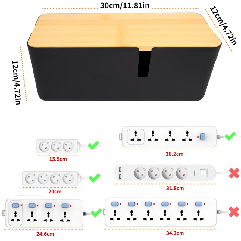 JJQHYC Cable Box Black Cable Box with Bamboo Lid Large