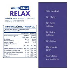 Multiblue Relax, Magnesio Gaba, L Teanina, 5 Htp 30 Caps Sabor Sin Sabor