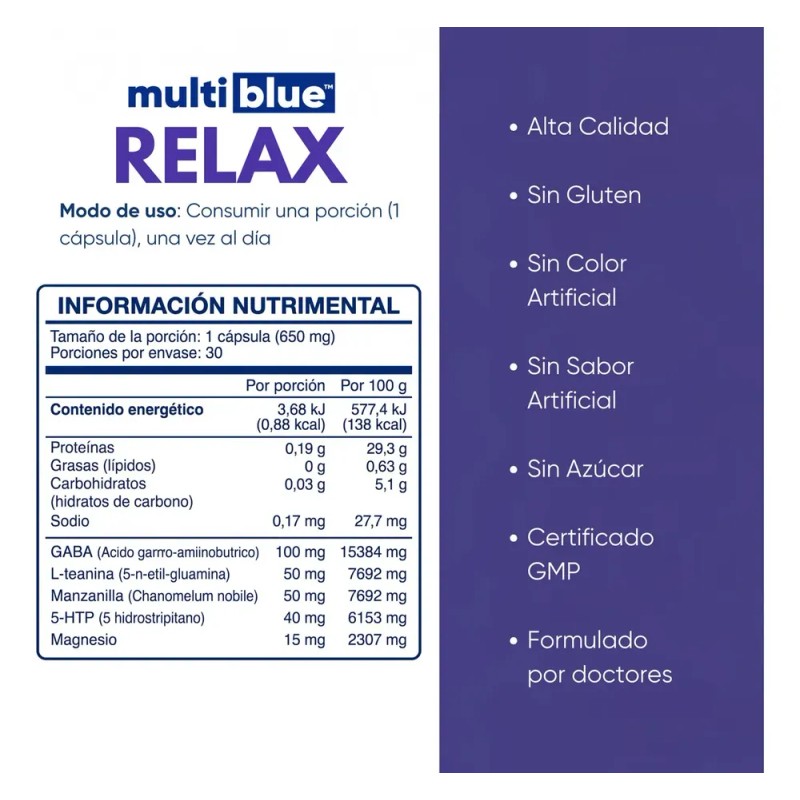 Multiblue Relax, Magnesio Gaba, L Teanina, 5 Htp 30 Caps