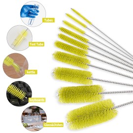 CiaraQ Bottle Cleaning Brushes, 8 Inch Nylon Tube Brush Set, Cleaner for Narrow Neck Bottles Cups with Hook, Set of 10pcs. Yellow
