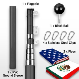 G128 Combo Pack: 25 Ft Telescoping Aluminum Flagpole (Black) & American and Mexico Flags 3x5 Ft, Both ToughWeave Series Embroidered Polyester | Pole with Flags Included
