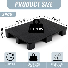 Vercraft 2 Pcs Plastic Pallets for Basement Storage Easy to Stack Lightweight Floor Pallets Display for Flooring Room Supermarket Warehouse, Support up to 2000 Lbs,Black (31.5'' L X 24'' W X 4.7'' H)