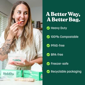 HoldOn Zipseal Snack Bags – Compostable, PFOA-Free, BPA-Free, Food-Safe, Freezer-Safe Zip Seal Food Storage Bags With Secure Seal for Snacks, Home & Travel (50 bags total)