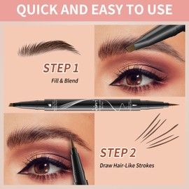 W3W 2-in-1 Dual-Ended Microblading Eyebrow Pencils,Waterproof Eyebrow Pen with 4-Fork Micro-Fork Applicator and Precise Brush-Tip,Brow Pen for Natural Waterproof and Long-Lasting Women(Grey)