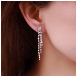 Andelaisi Boho Rhinestone Tassel Earrings Silver Long Crystal Chain Earrings Long Crystal Cz Drop Earrings Vintage Cz Tassels Chain Earrings Wedding Chandeliers Dangle Earrings Jewelry for Women