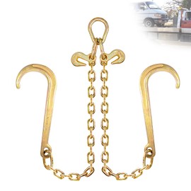 TKK Towing Chain Bridle，5/16" X 2ft V-Bridle Tow Chain with 15" J-Hooks and Grab Hooks Grade 70 Safety Chains for Flatbed Trucks, Yellow Zinc Plated, 4900 lbs Capacity