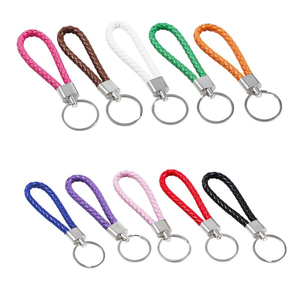 Braided Leather Keychain, Metal Key Ring, 10 Pieces Hand Knit