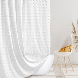 Extra Long Boho Farmhouse Shower Curtain Woven Fabric White Shower Curtain, 72 x 78 Tufted Pleat Floral Puffs Textured Modern Farmhouse Minimalist Shower Curtain Set with Hooks for Bathroom