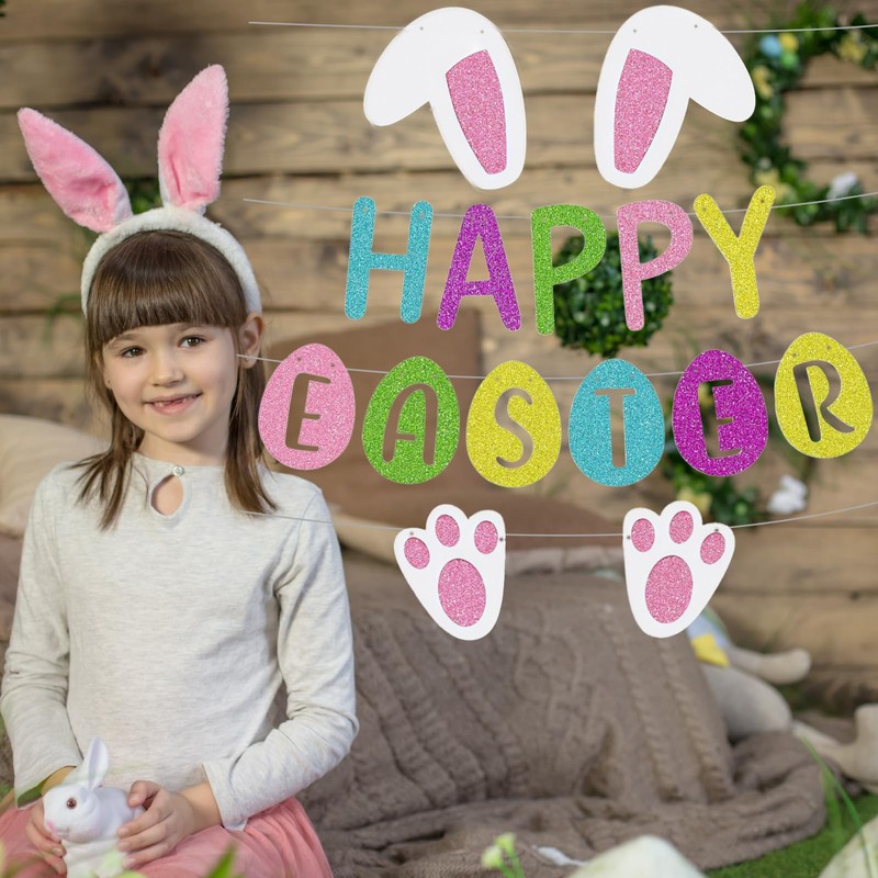 Happy Easter Bunny Banner with Bunny Paw Ears and Eggs