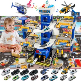 BuzzoXerex 5 Levels Parking Garage for Children, Car Racing Track with 14 Cars and 2 Helicopters, Toy Parking Garage with Elevator, Chase, Light & Sound, Gifts for Children (Police)