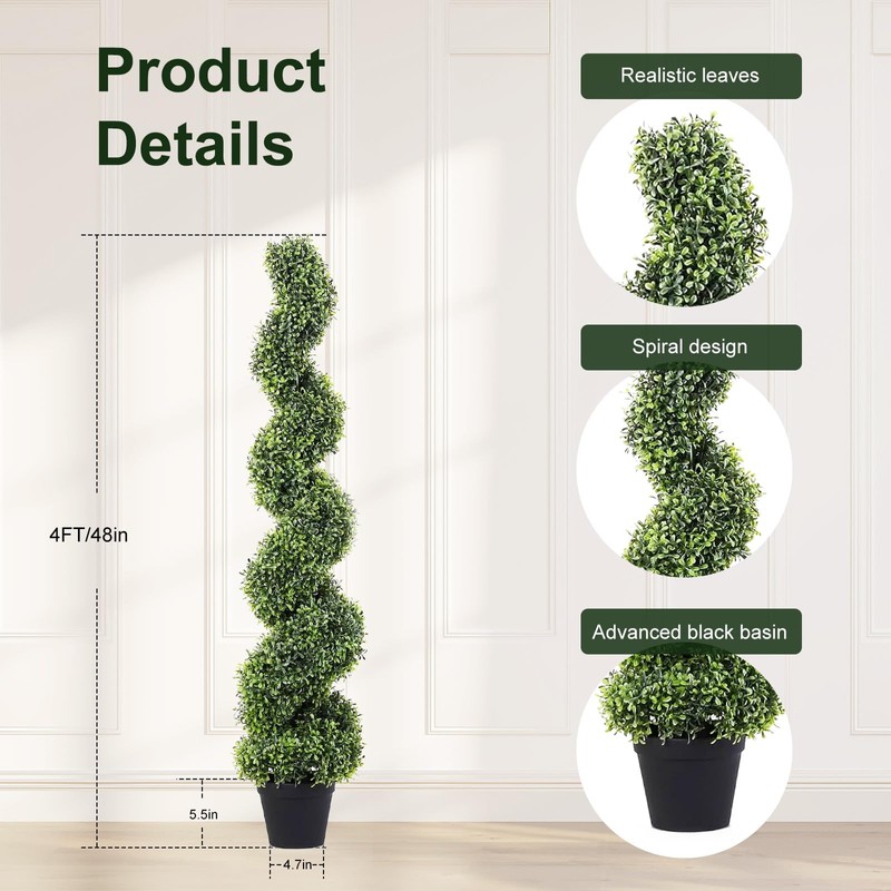4FT Artificial Boxwood Spiral Topiary Trees, 4ft Tall (2 Pieces)