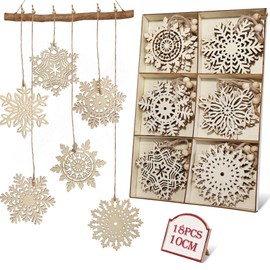 Pack of 18 Christmas Tree Snowflakes Wooden Pendants Christmas with Wooden Beads, 10 cm Large Natural Wood Christmas Pendant, Snowflakes, Christmas Tree Decoration, Christmas Decoration