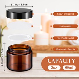 Domensi 48 Pcs 2 oz Amber Glass Jars with Lids Empty Round Cosmetic Jars with Inner Liners for Storing Lotions Powders Ointments Sample Cream Candle Making Amber, Black Lids