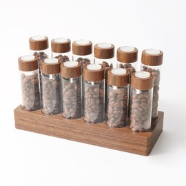 SanSLicoo Single Dose Coffee Bean Storage Tubes with Exhaust Valve, 12pcs Coffee Bean Cellar Dosing Glass Vials With Wooden Display Stand + Funnel, for Tea, Coffee, Spices