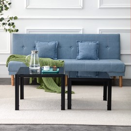 Glass Black Nesting Coffee Table Set of 2, Square Modern Stacking Table with Wood Finish, Industrial End Table Side Tables for Living Room Bedroom Balcony Yard