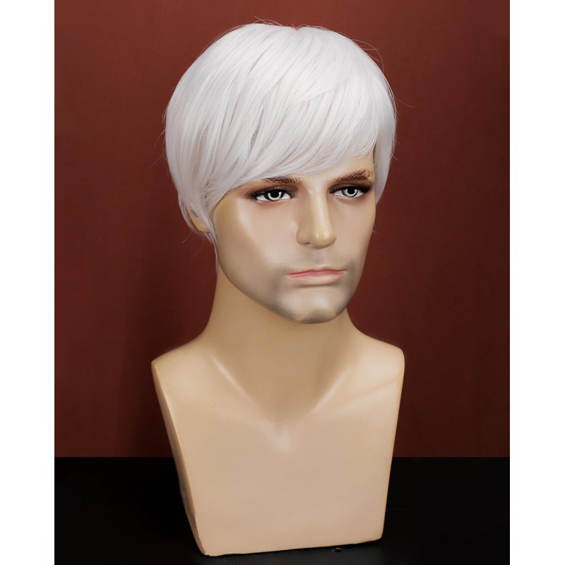 Mens White Wig Realistic Natural Synthetic Male Side Part Wig