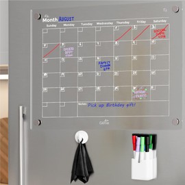 Home Genie Acrylic Magnetic Clear Calendar for Fridge, 16"x12" Dry Erase Monthly Refrigerator Planner, Strong Magnet Hold with 6 Color Markers, Cloth and Hook, Home Organization Essentials, White Text