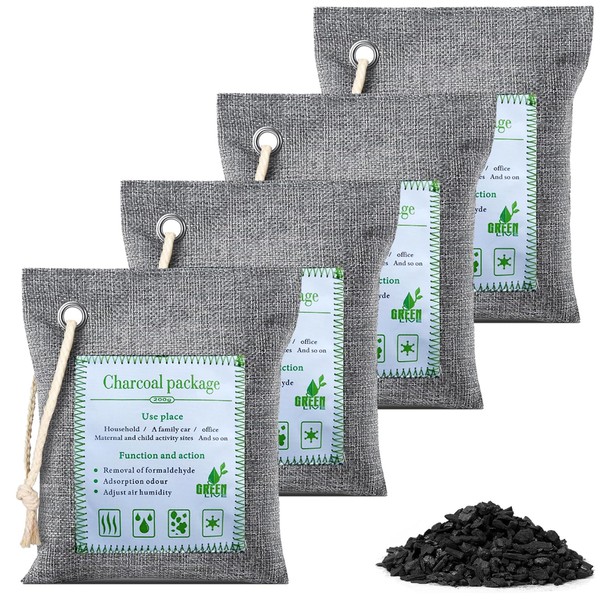Bamboo Charcoal Air Purifying Bags,Activated Charcoal Home Odor Absorber Deodorizer and Moisture Eliminator for Closet,Natural Air Purifying Bag for the Refrigerator and Freezer, car (Large, 4×200g)