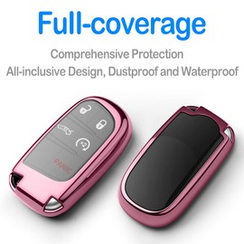 Compatible with Jeep Key Fob Cover with Leather Keychain Soft TPU Protection Key Case for Grand Cherokee Renegade Chrysler 200 300 Dodge RAM Durango Challenger Journey Dart Fiat Smart Key Pink