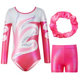 Valcatch Gymnastics Leotards for Girls Three Piece Gymnastics Sets with Shorts and Hairband Long Sleeve/Sleeveless Bodysuit Sparkle Dance Ballet Unitards Athletic Outfits 5-12 Years