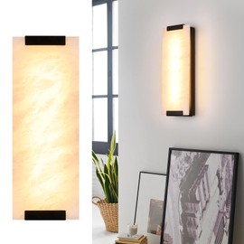 14.2in Alabaster Wall Sconce Hardwired, Large Vertical Natural Marble Wall Light Decor, LED Modern Alabaster Wall Lamp for Bedroom, Stairs, Living Room, Vanity, Bedside, Hallway, Bathroom（Black 12W）