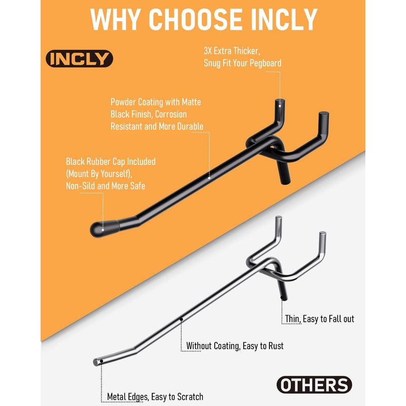 INCLY 60 Pack 4 Inch Black Pegboard Hooks, 1/4" Heavy