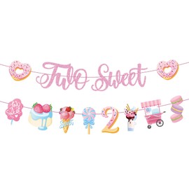 QAMEGX Two Sweet Birthday Decorations- 2nd Sweet Party Banner with Donut, Ice Cream, Macaron Pink Theme Second Birthday Party Decor for baby Girls 2nd Birthday Supplies