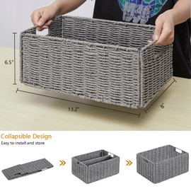 Vagusicc Storage Basket, Set of 2 Wicker Basket, Hand-Woven Paper Rope Storage Baskets for Organizing, Foldable Rectangular Cube Storage Organizer Bins Baskets for Shelves & Decor, Grey (Medium)