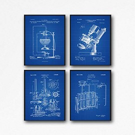 WallBUddy Science Posters Scientific Poster Laboratory Decor Science Lab Poster Vintage Microscope Test Tubes Bunsen Burner Science Prints WB380-WB383 (30 cm x 40 cm, Blueprint)