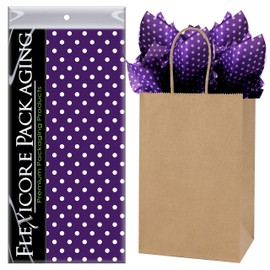 Flexicore Packaging Natural Brown Kraft Paper Gift Bags & Purple Gift Wrap Tissue Paper | Size: 5.25 Inch X 3.25 Inch X 8.25 Inch | Count: 50 Bags | Color: Purple Polka Dot