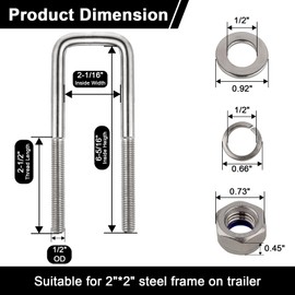 4 Sets 304 Stainless Steel Square U-Bolt Kits, Heavy Duty U-Bolt with Nuts,Flat and Lock Washers for Boat Trailers,Automobiles Trailers,Ski Boats,and Sailboat Trailers (1/2" D x 2-1/16" W x 6-5/16" L)