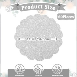 60 Pcs Silver Glitter Paper Placemats, 13.5 Inch Scalloped Disposable Placemats Round Sparkle Table Place Mats Decorative Paper for Birthday Wedding Banquet Party