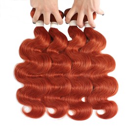 REMY HAIR Human Hair Bundles with Closure Body Wave #350 Ginger Orange Brazilian Human Hair Bundles Curly Wave Hair Extensions 16 18 20 Inch with Closure 14