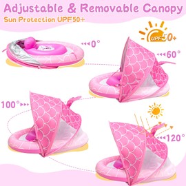 Baby Float with Canopy for Age 6-36 Months, UPF50+ Sun Protection, Dual Air Chambers, Adjustable Safety Seat, Inflatable Mermaid Pool Float for Baby Toddler wtih 4 Stage Adjustable Sun Canopy