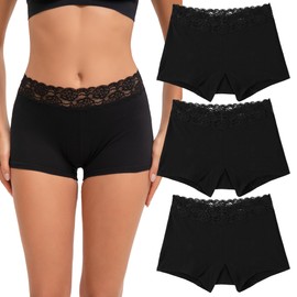 INNERSY Boyshort Underwear for Women Cotton Lace Boxer Briefs Ladies Boyshorts Panties 3 Pack(Large,Solid Black)