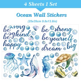 JarThenaAMCS 4 Sheet Ocean Wall Decals Under The Sea Fish Inspirational Quotes Wall Stickers Waterproof Marine Animal Wall Decor for Kids Baby Nursery Bedroom Bathroom Summer Party Supplies