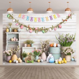 Luminora 7x5ft Fabric Spring Easter Backdrop Rustic Wooden Wall Bunny Colorful Eggs Flowers Background Kids Baby Party Decorations Photo Banner Props