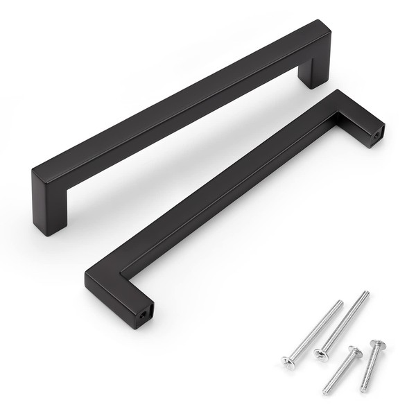 KNOBWELL 10 Pack 6-1/4" Matte Black Stainless Steel Kitchen Cabinet Handles, Cabinet Pulls Square T Bar Cupboard Door Handles, 6-1/4" Hole Spacing, Bathroom Cabinet Handles