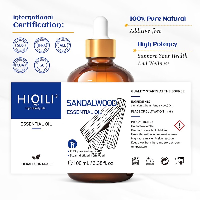 HIQILI Sandalwood Essential Oils, Long-Lasting Scent for Perfume, Diffuser, Soap