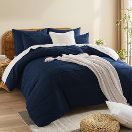 NEXHOME PRO 100% Organic Cotton Duvet Cover King Size, Linen Like Pleated Textured Navy Duvet Cover Set, 3pc Bedding Set with Zipper Closure, Soft, Lightweight and Breathable,104"x90", No Comforter