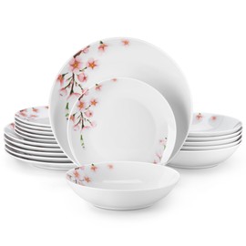 VEWEET 18 Pieces Dinnerware Sets for 6, Porcelain Plates and Bowls Set with Pink Floral, Classic Dishes Set Dining Ware for Dinner, Microwave and Dishwasher Safe, Series ANNIE
