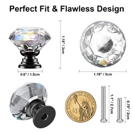 POZEAN Crystal Cabinet Knobs 30 Pack, 1.18 inch (30mm) Pulls for Dresser, Drawer, Cabinet with Two Different Sizes Screws, Diamond Shape Glass Handles for Home (30mm, 30 Pack, Clear-Black)